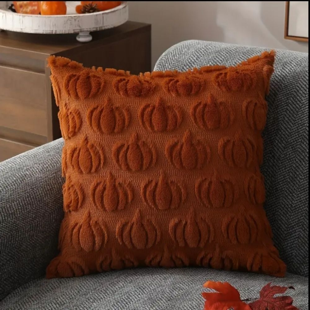 💐Plush Faux Fur Jacquard Autumn Pumpkin Throw Pillow Zipper Closure 18" X 18" - Picture 3 of 5